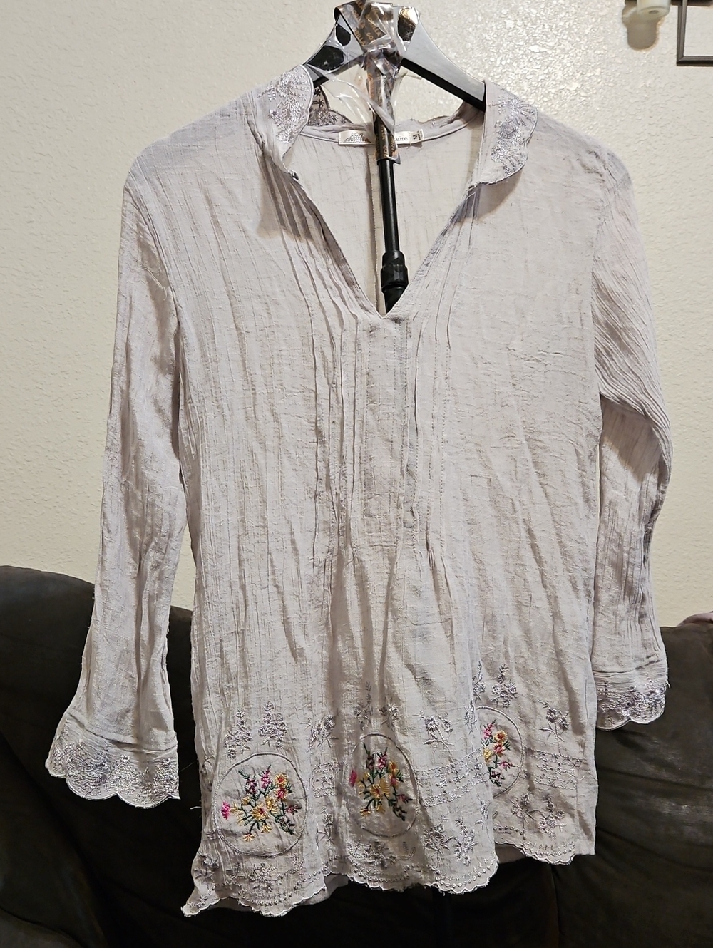 Embroidered Gray V-Neck Women's Blouse
